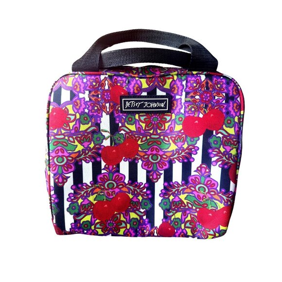 Betsey Johnson Insulated Lunch Tote Bag Floral Cherry Stripe Retro Pop Art - Picture 1 of 10